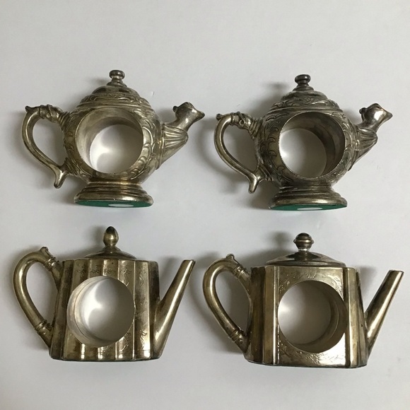 Teapot Napkin Rings SET OF 4 Godinger Silver-plate Mixed Silver Art 1994 Vintage - Picture 4 of 14